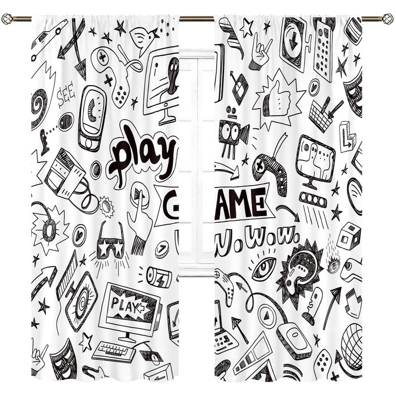 Cinbloo Kids Video Games Curtains 52W x 84L Inch Rod Pocket Black White Gamer for Teen Boys Bedroom Decor Gaming Racing Monitor Device Gadget 90's Art Printed Living Room Window Drapes Fabric 2 Panel - Image 1